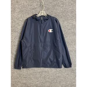 Champion Mens Stadium Packable Jacket Size Medium Blue Lightweight Hooded Pocket